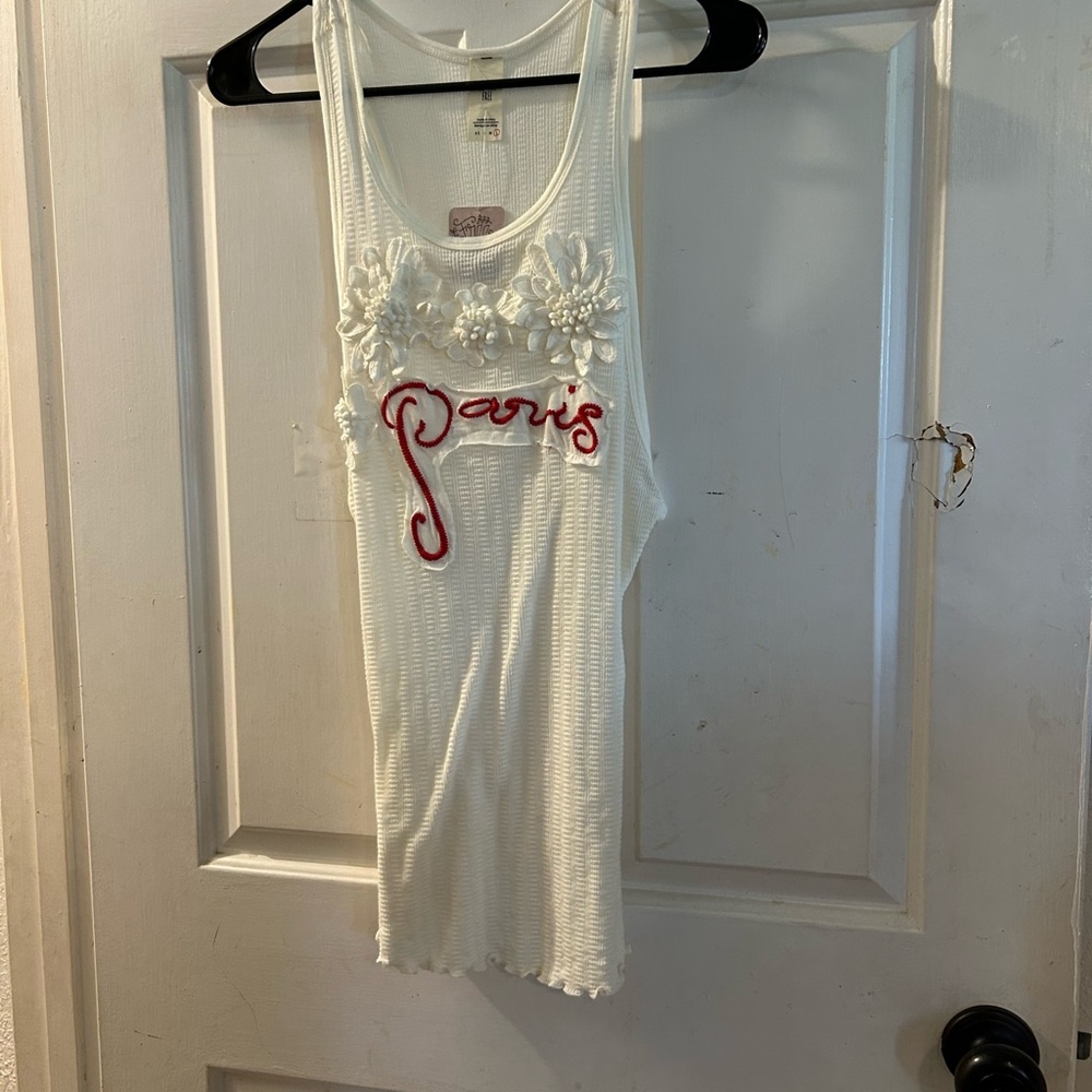 Free People White Tank Top with Red "Paris" Embroidery and Floral Appliqué